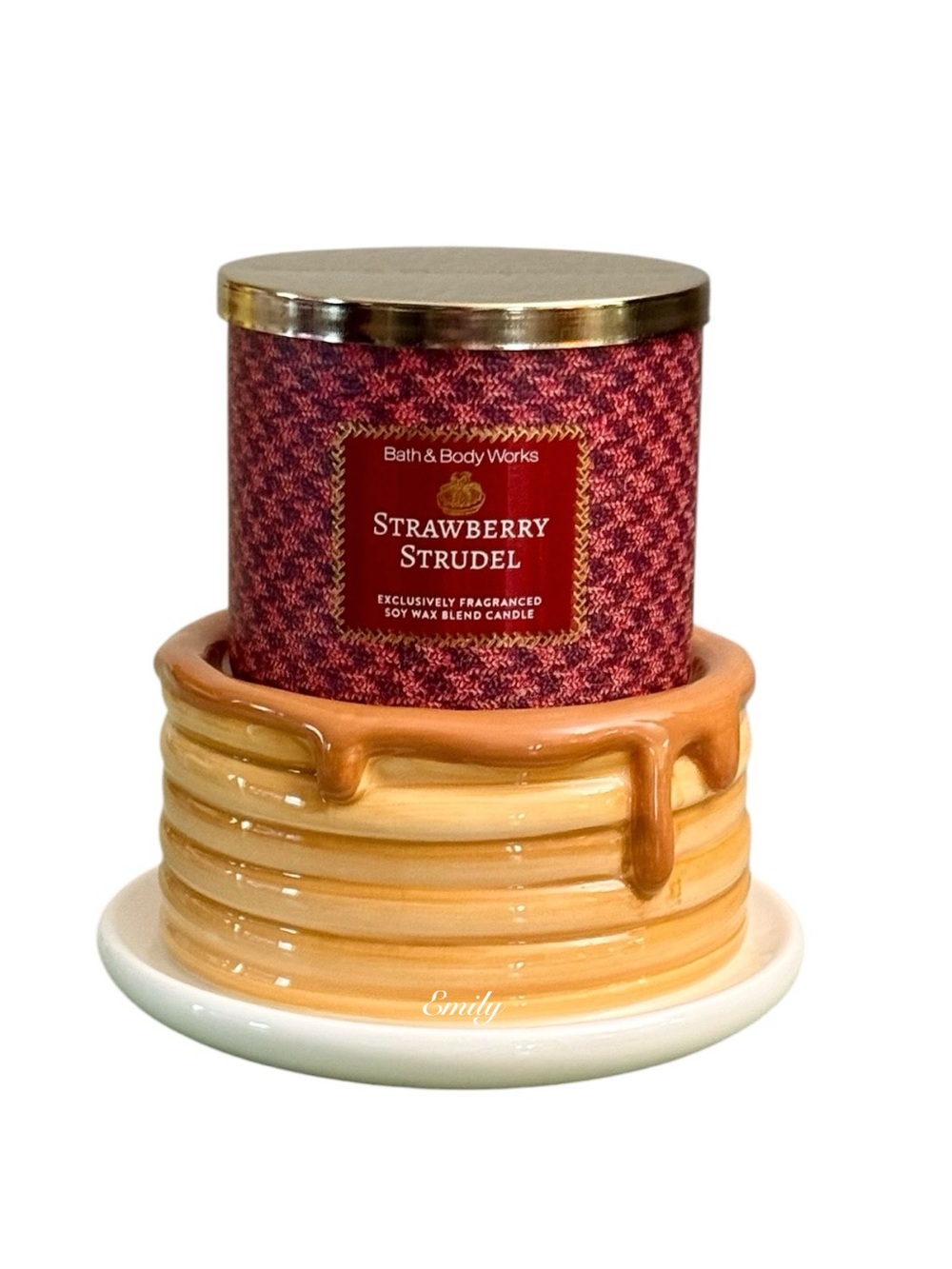 Bath & Body Works 3-Wick PANCAKE STACK Candle Holder STRAWBERRY STRUDEL Set